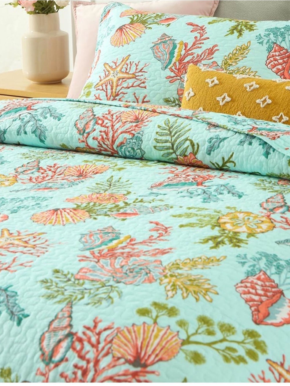 Aqua Seashell & Coral Quilt Set - Coastal Floral Bedding cotton fabric - Picture 2 of 4